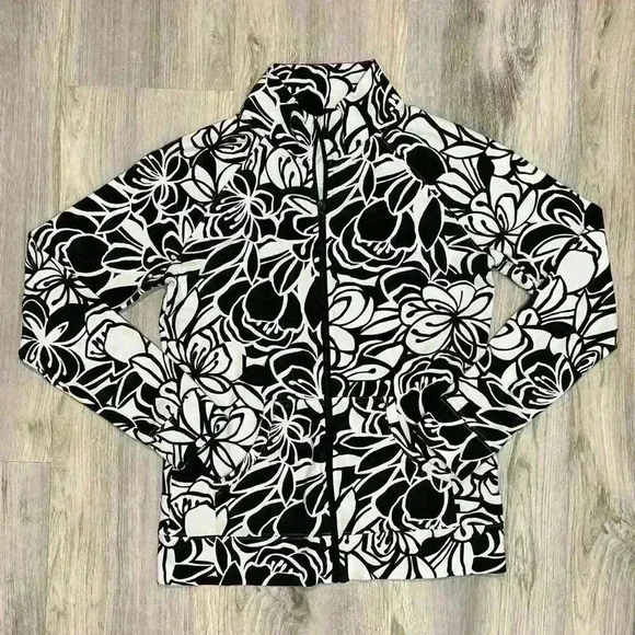 Liz Claiborne Black White Floral Full Zip Up Mock Neck Sweatshirt Jacket Size S - Picture 1 of 8